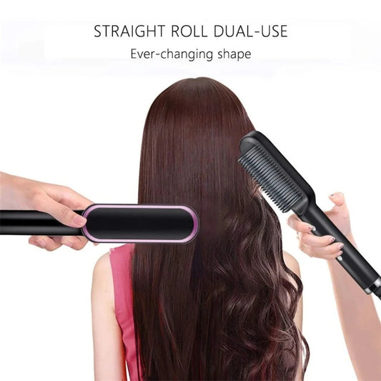 Multifunctional Hair Straightener Brush Negative Ion Hair Straightening Comb 2 In 1 Hair Curler Straightening Brush for Curly